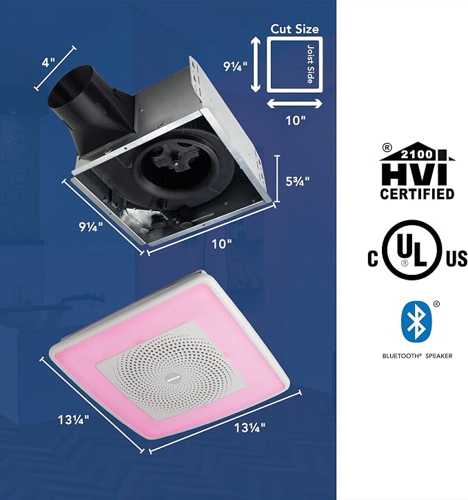 Broan-NuTone ChromaComfort Bathroom Exhaust Fan with Bluetooth Speaker, Powerful 110CFM/1.5 Sones, 24-color LED Light, SPK110RGBL, Wall Switch