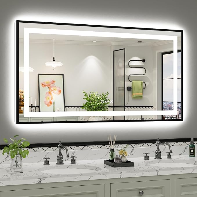 55x30 Inch LED Bathroom Mirror with Black Frame, Backlit & Front Lit | Anti-fog, 3 Color Dimmable, Memory Function, HD Reflection Tempered Glass, ETL Listed, IP54 Waterproof