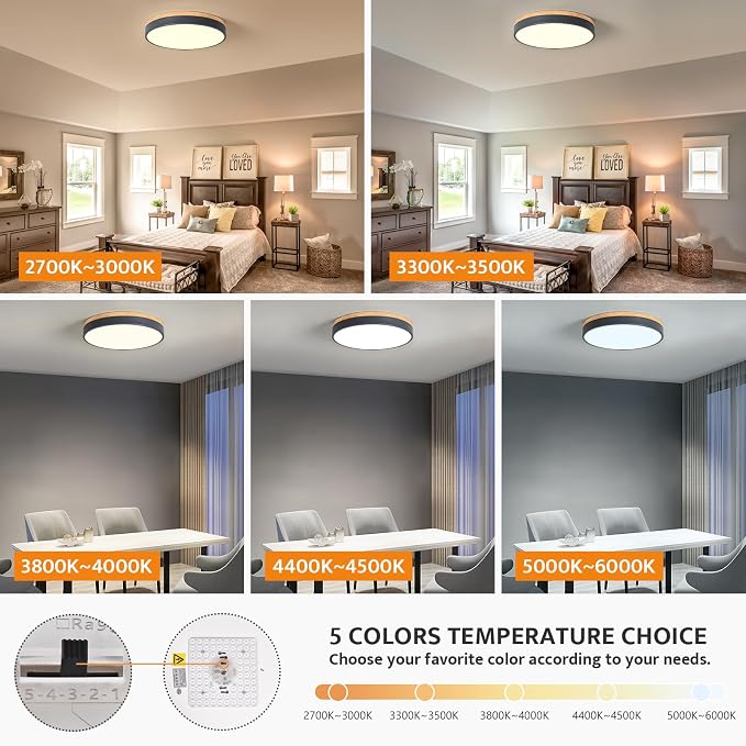 Yiisem Dimmable Wood LED Flush Mount Ceiling Light, Grey, 15.8 in | 5CCT 2700K-6000K Modern Close to Ceiling Lighting Fixtures, Round Ceiling Lamp for Living Room, Bedroom, Laundry Room