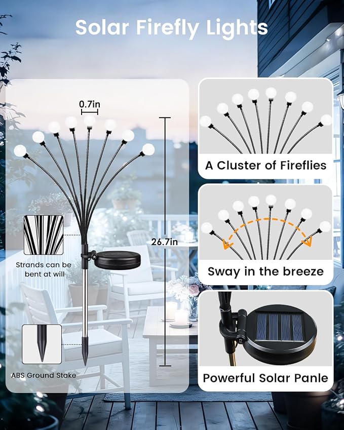 OZS 6 Pack Total 48 LED Solar Firefly Lights Fairy Outdoor - Solar Garden Lights Outdoor, Sway by Wind, Waterproof for Garden Patio Pathway Fairy Decor (Cool White)