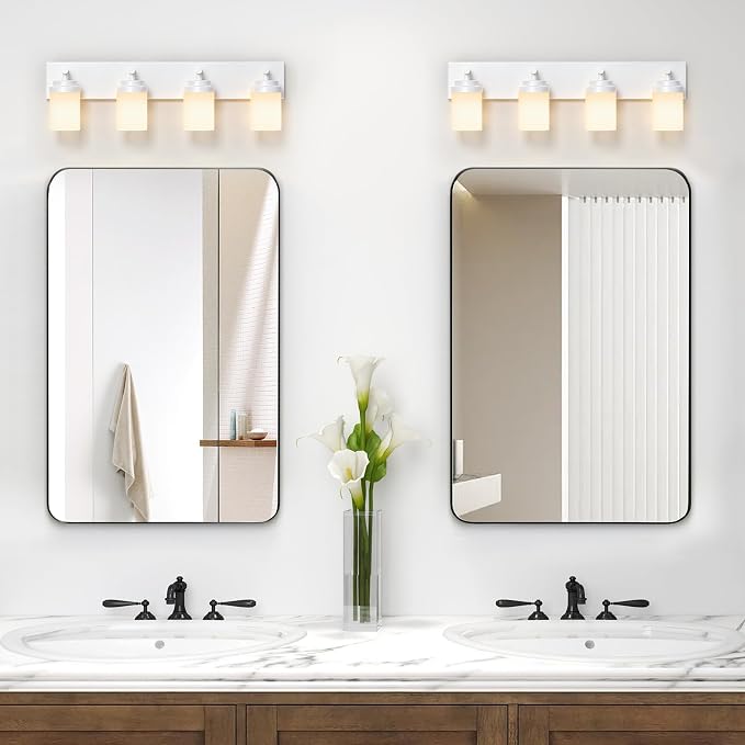IZORRO Bathroom Vanity Light Fixture, 4-Light 30 Inch White Bathroom Light Fixtures Over Mirror, with White Glass Shade, Modern Farmhouse Vanity Lights, Rustic Restroom Lighting Fixtures