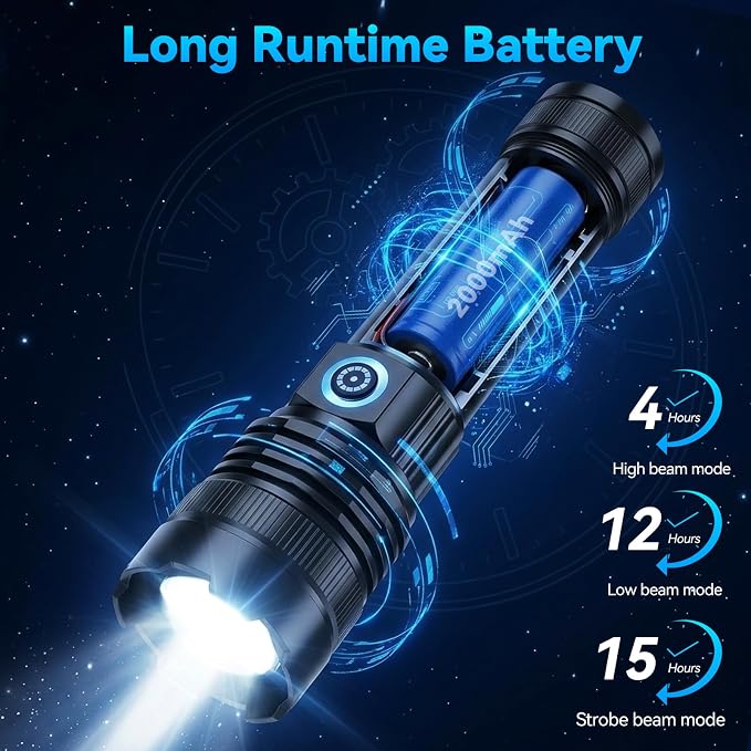 Rechargeable Flashlights High Lumens, Super Bright Tactical Flashlight 3 Modes with Power Display, Waterproof Zoomable LED Flash Light for Home Emergencies Camping Hiking