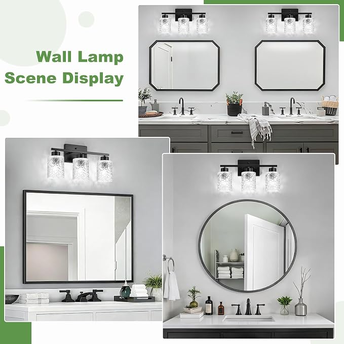 3-Light Bathroom Light Fixtures, Black Vanity Lights Over Mirror | Wall Sconces with Clear Textured Glass Shades for Living Room Bedroom Hallway,E26 Base (Bulbs Not Included)