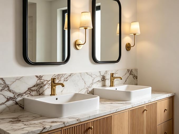 Set of 2 Rustic Wall Sconce Antique Brass Gold Sconce | Sconce Light Fixture with Flared Funnel Linen Fabric Shade Nightstand Lamps for Bedrooms Bedside Reading