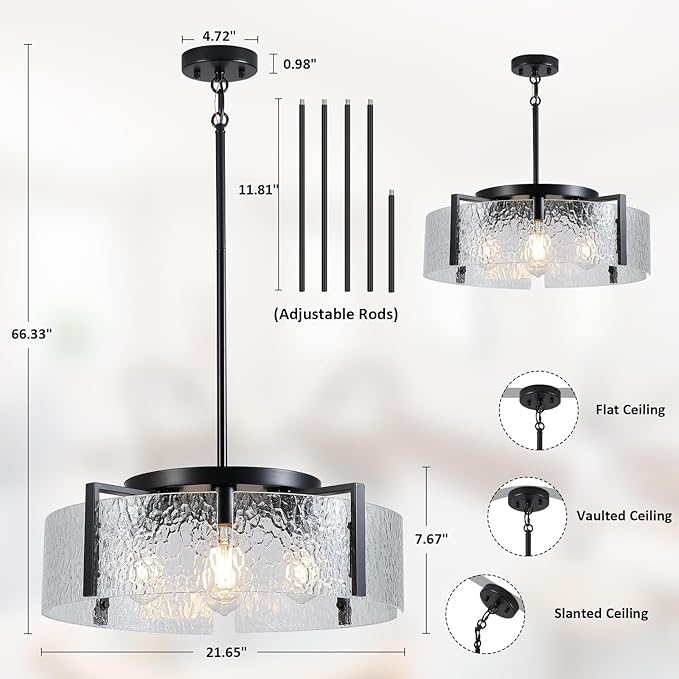 Black Chandelier for Dining Room Light Fixture, 5-Light Glass Entryway Light Fixture, Adjustable Pendant Lights Kitchen Island Modern Farmhouse Kitchen Foyer Chandelier for Entryway, Bedroom, Bathroom