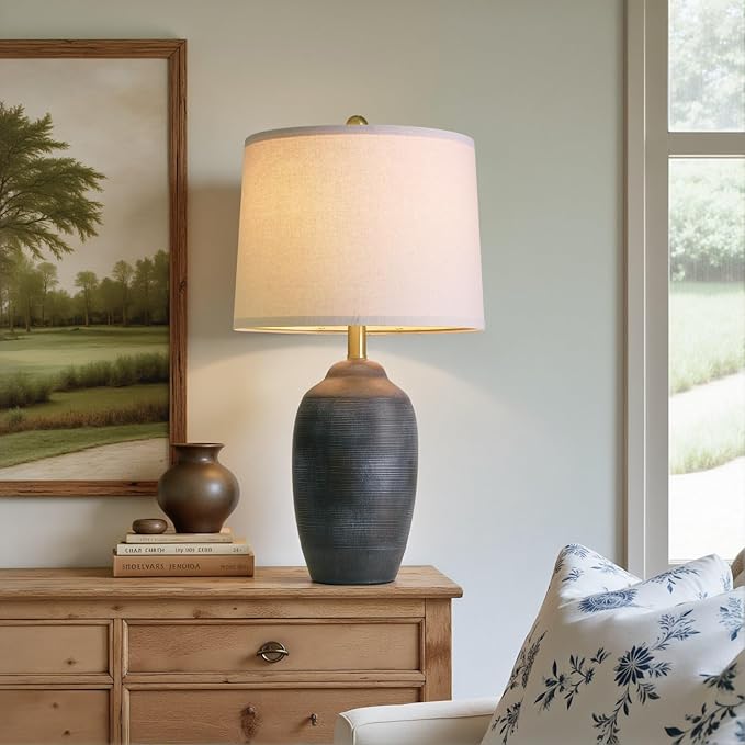 24.5" Vintage Ceramic Table Lamp with 5FT Cord- Single Farmhouse Rustic Bedside Lamp with Natural Textured Finish, Nightstand Lamps for Living Room, Bedroom, End Table, Office Retro Black