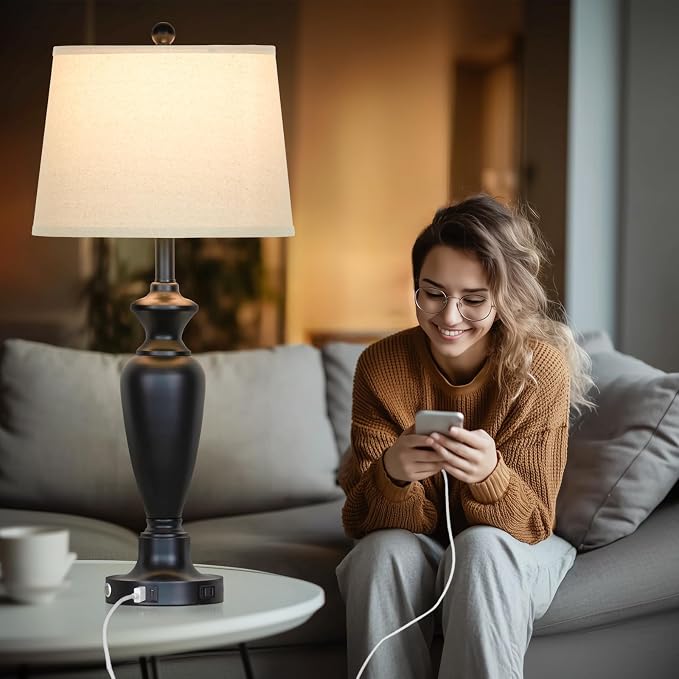Cinyirong 30" Tall Black Table Lamp, 3-Way Dimmable Touch Control Bedside Lamp with USB A+C & AC Outlet for Bedroom, Living Room (1 Pack)