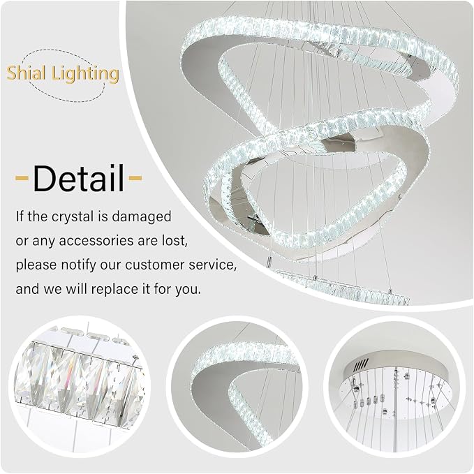 Modern Crystal Chandeliers for High Ceiling 6 Ring Chandelier LED Silver Ceiling Lights Fixtures High Ceiling Chandelier for Foyer Staircase Living Room Dining Room 2700K-6000K