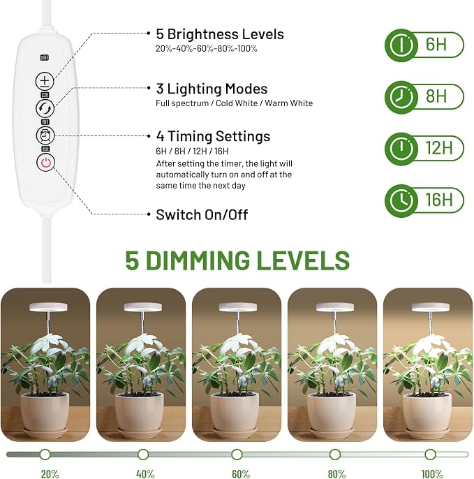 LBW Grow Lights for Indoor Plants, Full Spectrum Halo Grow Light with Base | 48 LED Plant Light for Small Plant, Base/Soil Stake, 7.8-26" Adjustable, 6/8/12/16H Timer, 3 Color Mode, 5 Brightness, 3 pack