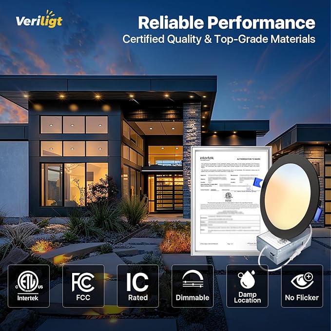 12 Pack 6 Inch 5CCT LED Recessed Light, Silm Canless Recessed Lighting, Dimmable, Damp Rated, 2700K-5000K, Wafer Ceiling Downlight with Junction Box, 1200LM, 12W 120V, Black, ETL&FCC