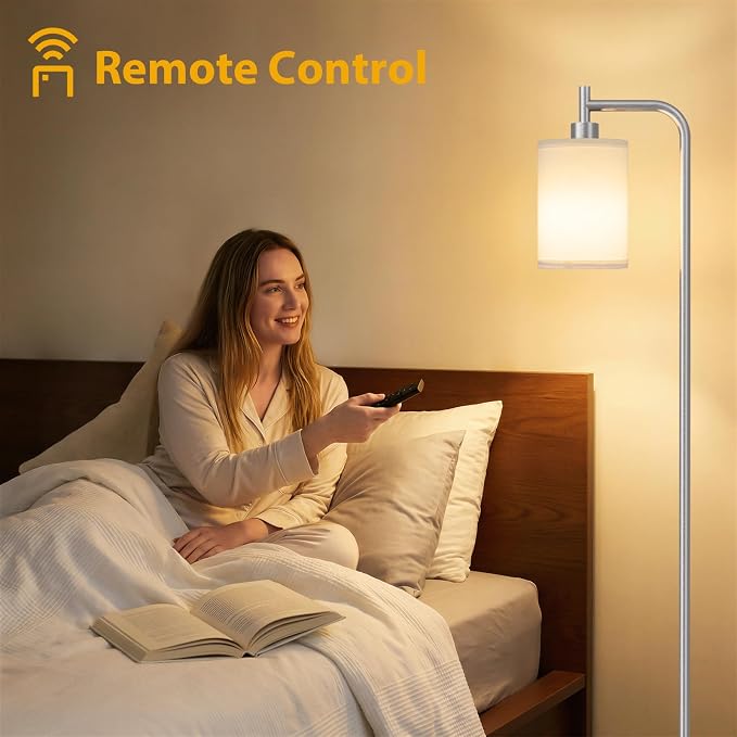 Ziisee 64" Floor Lamp for Living Room with Remote Control, White Shade with Brushed Nickel Pole, Dimmable Tall Lamps for Bedroom Office Corner, 9W LED Bulb Included