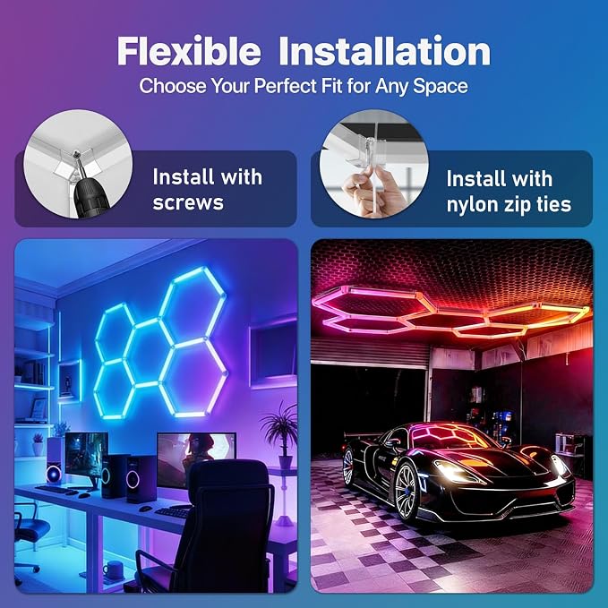 HYPERLITE Hexagon Garage Lights: Gen IV-8 Grid Hexagon LED Lights with Music Sync Mode, App & Remote Control, Multi-Color Honeycomb Light for Gaming Room, Gym, Garage
