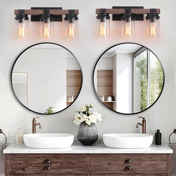3-Light Farmhouse Vanity Lights Bathroom Lighting Fixtures Over Mirror | Faux Wood Rustic Wall Mount Light with Clear Glass Shade,Industrial Black Metal Wall Sconces for Bathroom Living Room