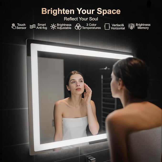 30x40 LED Bathroom Vanity Mirror with Lights, Anti-Fog, Dimmable | Front & Backlit with 3 Color Modes and Memory, 5mm Shatterproof Glass, Plug-in or Hardwired, Horizontal or Vertical