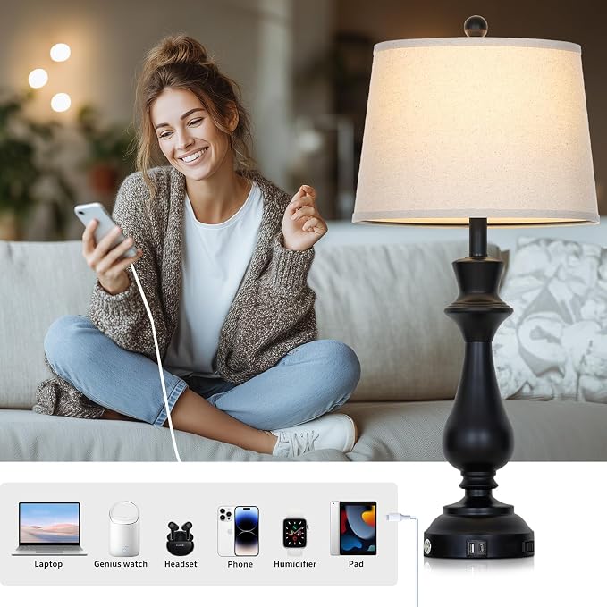 Modern Black Table Lamps Set of 2 for Living Room,30" Tall Bedside Lamp with USB Charging Port,3-Way Dimmable Touch Nightstand Lamp for Bedroom Desk Side Table Office,Black