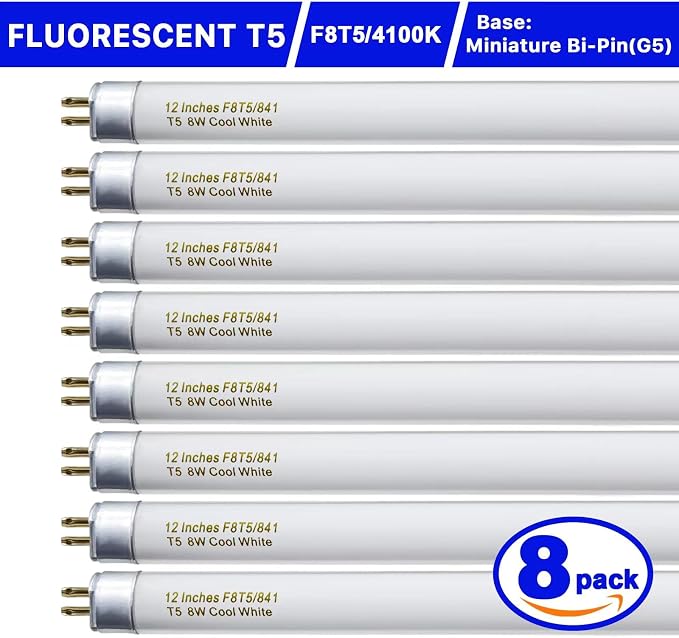 Konideke 8 Pack F8T5/CW Fluorescent Bulbs, T5 12 inch 8 Watts Under Cabinet Light Bulb Cool White, G5 Mini Bi 420 Lumen