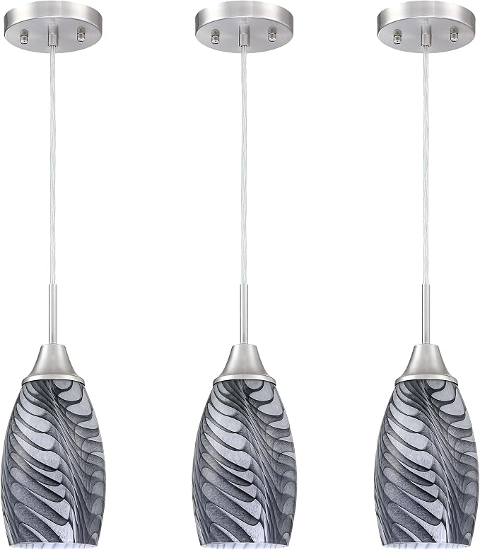 Viinew Mini Glass Pendant Light,3-Pack Gray Marble Glass Hanging Light | Black Gray Marble with Handblown Art Glass Ceiling Light,4.72" Oval Chandelier for Kitchen Island Cafe Hallway
