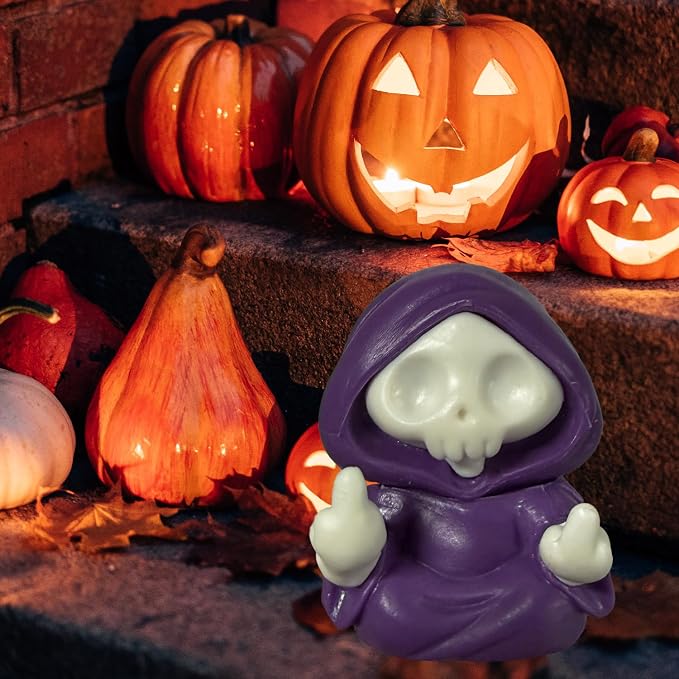 Halloween Skull Figurine Spooky & Cute Ghost Statue Halloween Ghost Statues, Cute Mini Middle Finger Skeleton Sculpture for Holiday Desk Office Table Ornaments Decoration