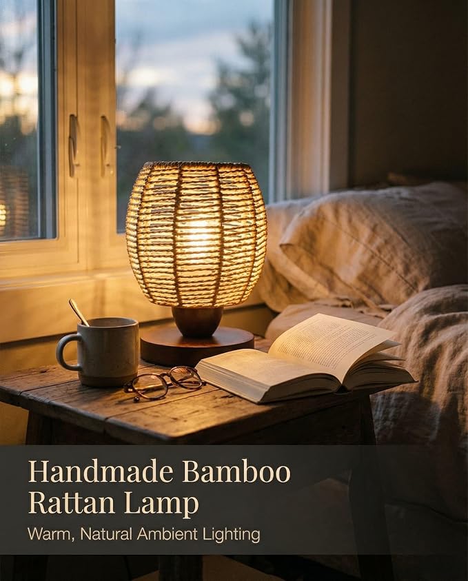 Rattan Table Lamp,Boho Small Beside Lamp,Farmhouse Table Lamp for Room Decor,Vintage Wicker Wooden Nightstand Bamboo Woven End Table Lamps for Bedroom Living Room Desk Kids Room,LED Bulb Included