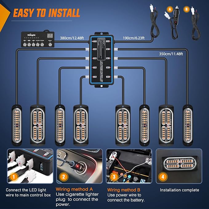 Nilight 8PCS Led Strobe Lights with Controller 12V 24V Sync Feature Amber Light 12 24 LED Surface Mount Emergency Hazard Warning for Vehicle Car Truck RV ATV