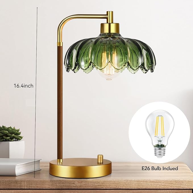 ILLMTW Vintage Table Lamp for Bedroom Living Room,Small Bedside Lamps Dimmable Bedroom Lamp with Glass Green Flower LampShade,Mid Century Modern Mini Nightstand Lamp Gold Boho Side Table Lamp