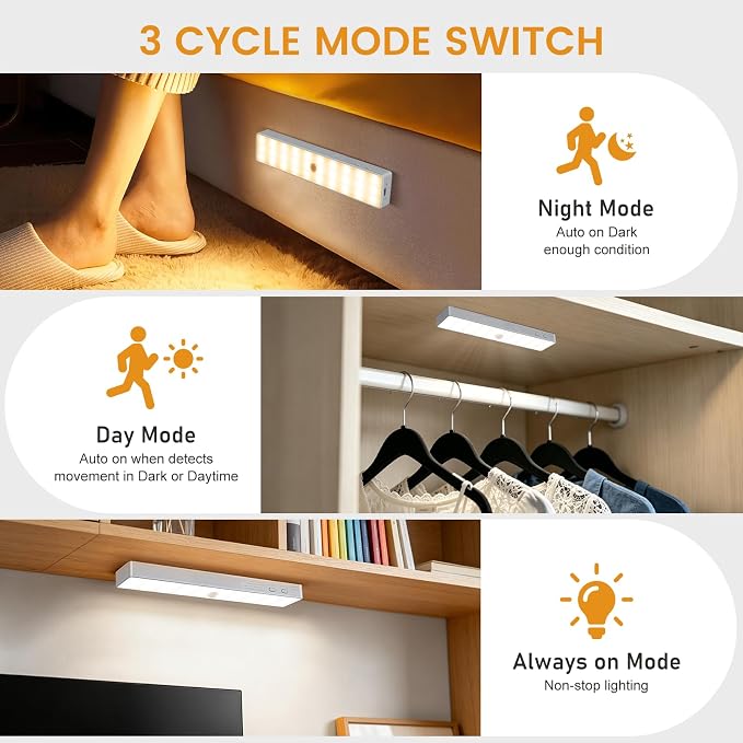Racokky Under Cabinet Lighting with Remote, Motion Activated RV Step Light | with Charge Stand, 3 Pack 30LEDs Rechargeable, 3 Color Temps, Dimmable, Magnetic, for Closet Kitchen Wardrobe Stair Motorhome