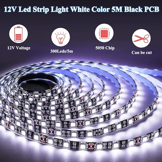 12V LED Strip Light White 6000K 16.4ft LED Light Strip Black PCB SMD 5050 IP65 Waterproof 300 LEDs Tape Rope Lights for Bedroom, Kitchen Decoration