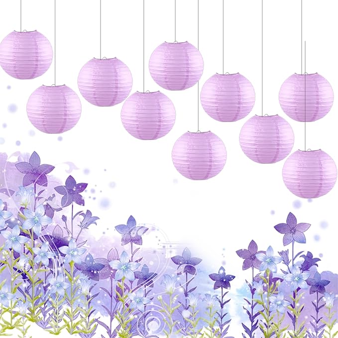 Light Purple Chinese Paper Lanterns with LED Lights, 10-Pack 12in | Hanging Lights for Easter, Graduation, Birthday Decorations, Ceiling Decor, Home Party & Tea Party