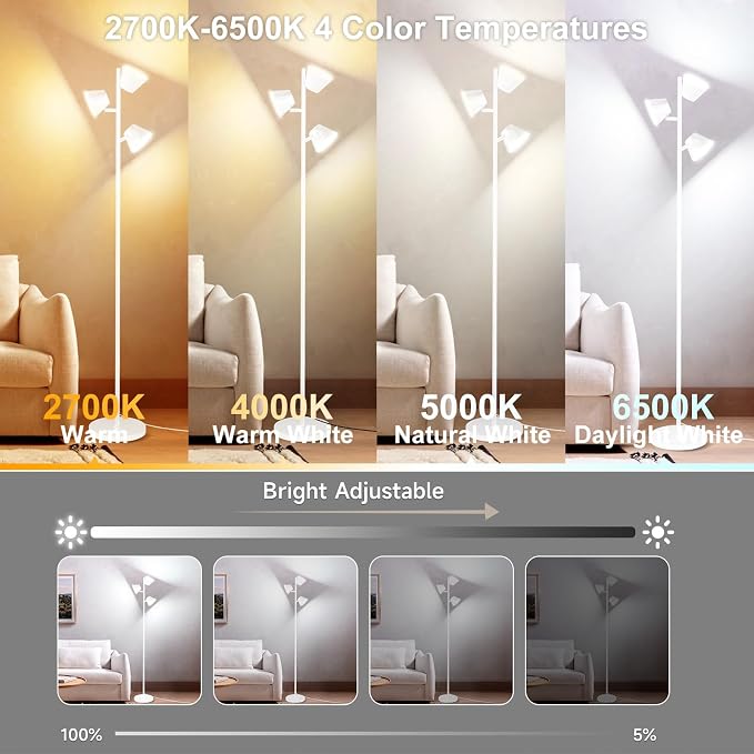 42W Tree Floor Lamp, Super Bright LED Standing Lamp with Remote, Modern Dimmable Floor Lamps,Individual Control, Rotable Head LED Lamp for Living Room Bedroom Office,White