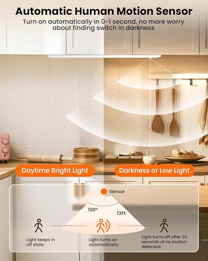 8 Inch Under Cabinet Lights, Upgraded 41 LED Rechargeable Magnetic Motion Sensor Light Indoor, Brightness Dimmable 6500K Stepless Dimming Closet Light, for Under Counter, Kitchen, Closet, 2 Packs