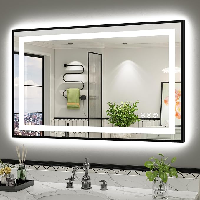 48x30 Inch LED Bathroom Mirror with Black Frame, Backlit & Front Lit | Anti-fog, 3 Color Dimmable, Memory Function, HD Reflection Tempered Glass, ETL Listed, IP54 Waterproof