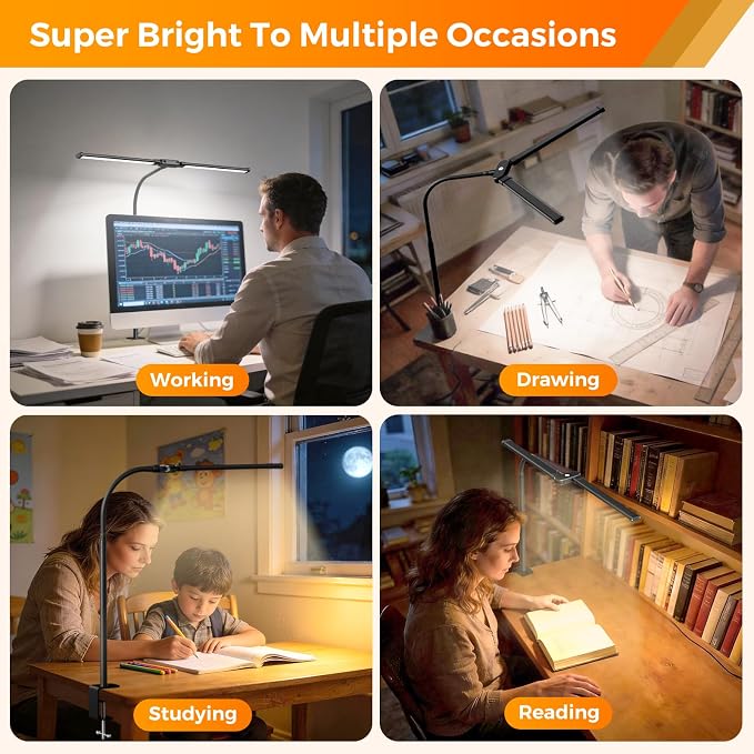 LED Desk Lamp with Clamp - Double Head Desk Light with Remote and Touch - Eye Protection - 12 W, 5 Color Modes, Timer and Memory Function, Flexible Gooseneck - for Office, Reading - Black