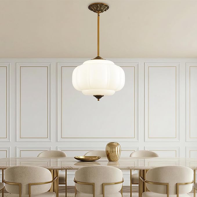 LOUSACE 15 in White Milk Glass Ceiling Light Fixture, Semi Flush Mount Vintage Milk Glass Pendant Light for Kitchen Island Hallway Bedroom Dining Room, LED Bulb Included