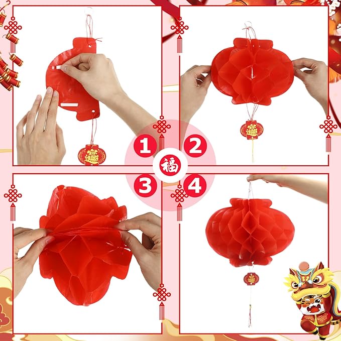 Tuanse 30 Pcs Chinese Japanese Paper Lanterns with LED Light, 2026 Chinese Lunar New Year Decoration Cherry Blossom Red Hanging Lanterns for Spring Festival Home Decor(Multi Size,Red, White, Black)