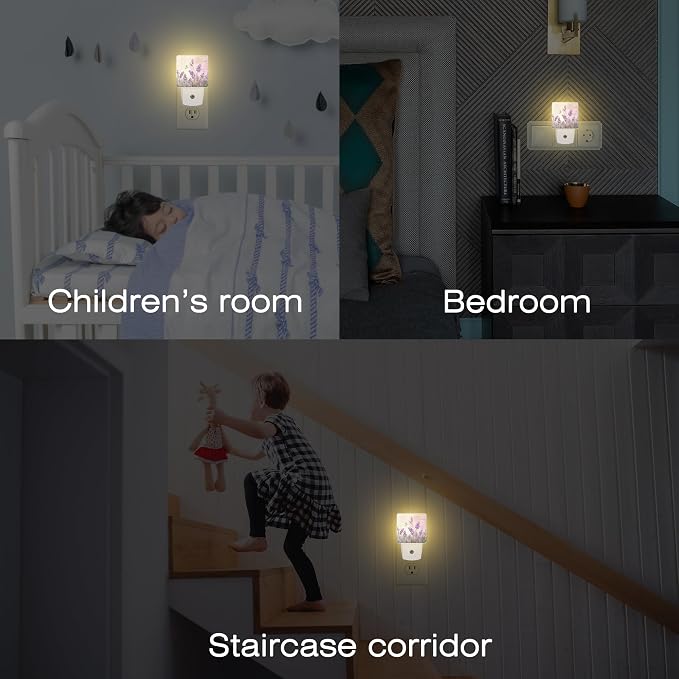 Purple Lavander Flowers Butterfly Night Light Plug into Wall,Watercolor Lavander Floral Dusk to Dawn Night Light,0.5w Energy Saving Sleep Friendly Nightlights for Kids Boys Girls Home