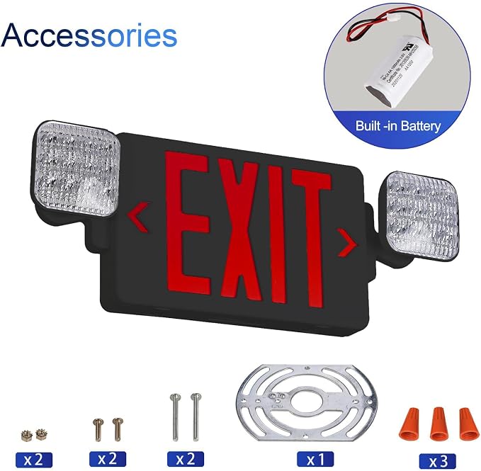Black Red LED Exit Sign Emergency Light Combo, UL Listed Battery Backup | UL-listed commercial fire exit sign features 90-min battery backup, 360° rotating dual heads, and easy dual-mount setup.