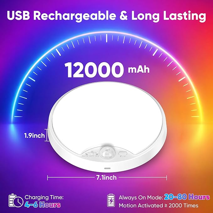 Rechargeable Motion Sensor Ceiling Light, 12000mAh RGB Battery Closet Light | Wireless Battery Powered LED Shower Light, Magnetic Cordless Ceiling Light with Remote, Overhead Lamp for Pantry Shed Hallway