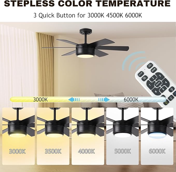 SHOWDI Ceiling Fan with Lights and Remote, 6 Blade App Control Timer Reversible Stepless Brightness and Color Temperature Outdoor Wood Ceiling Fan with Lights (Black, 42 Inch)