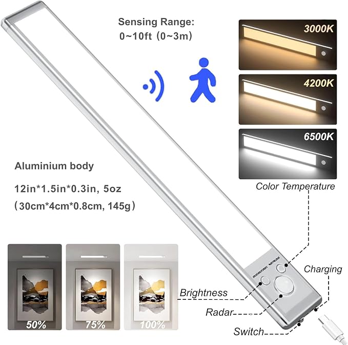 2 Pack Under Cabinet Lighting, 12in Rechargeable Motion Sensor Light Indoor | 3 Color Temperatures, 88 LEDs, Wireless, Magnetic Mount, Aluminum Alloy Closet lights, for Kitchen, Stairs, Wardrobe