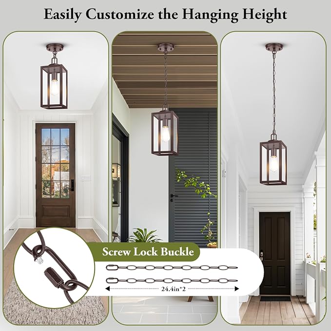 Outdoor Pendant Light, Modern Hanging Lantern for Porch, Brown | Hanging Height Adjustable, Waterproof, Rust-Resistant, Durable Metal & Clear Glass, Standard E26 Sockets, Easy to Install