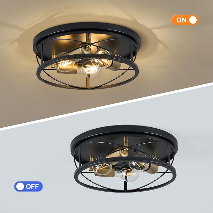 Farmhouse Light Fixtures, Black and Gold Round Metal Flush Mount Ceiling Light, 3-Light Cage Ceiling Lamp for Kitchen, Foyer, Bedroom, Hallway（Bulbs Not Included）