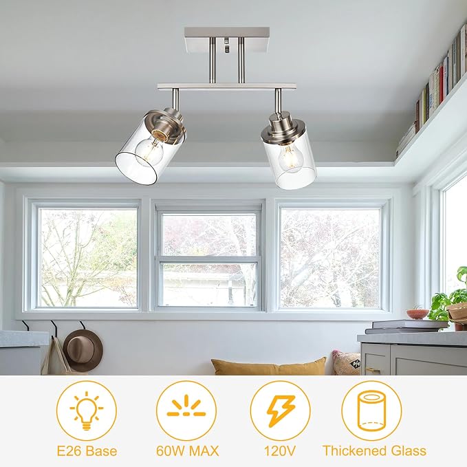 Yaohong 2-Light Track Lighting Kit Brushed Nickel Track Lighting Fixtures, Bathroom Wall Light Ceiling Mount Rotatable Spotlights, Kitchen Ceiling Light Fixtures with Glass Shade for Bathroom Hallway