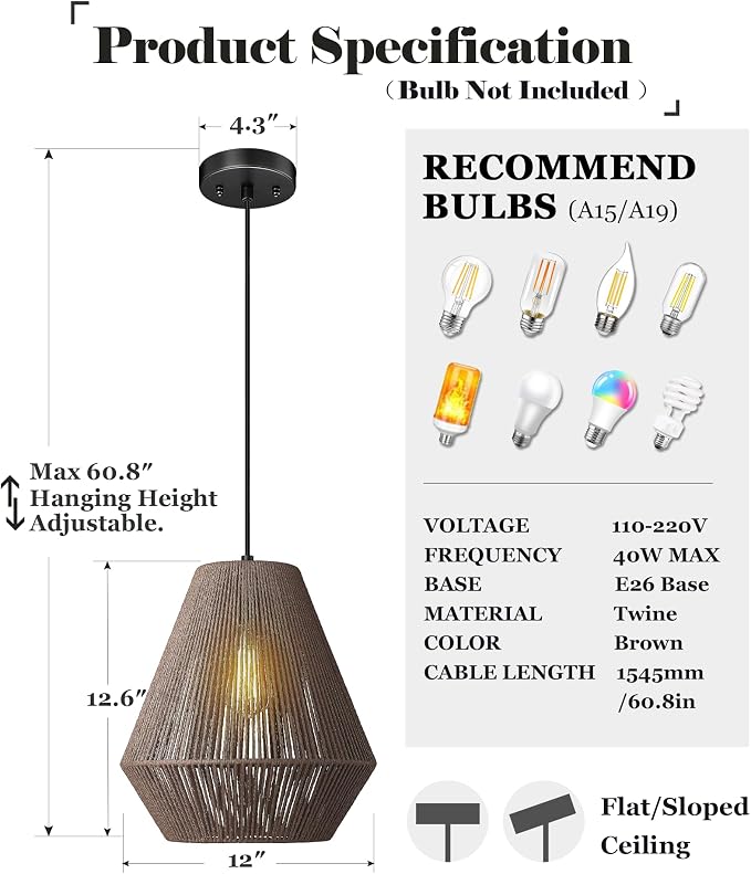 ELYONA 12” Woven Japandi Pendant Light for Kitchen Island Boho Hanging Lamp with Handwoven Rattan Basket Shade Adjustable Pendant Light Fixtures for Dining Room Bar Bedroom Foyer Hallway Dark Brown