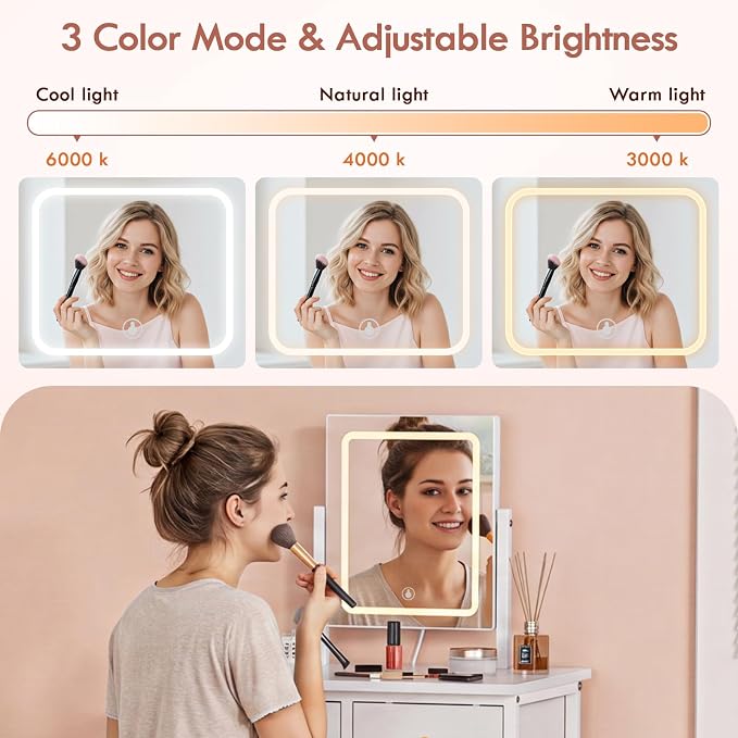 19.7"W Small White Makeup Vanity Desk with Mirror and Light, Chair | Mini Vanity Set Table with Stool, Smart Adjustable Lighted Mirror for Kids, Girls, Bedroom, Corner, Small Space