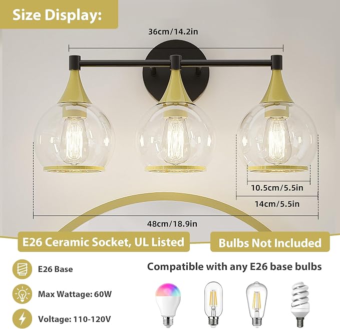 PAIHOME 3-Light Gold and Black Bathroom Vanity Light Fixtures Over Mirror | Painted, Anti-rust, UL-Certified, Elegant Globe Glass Shade, Modern Vintage, Easy to Install,Versatile Wall Decor Light