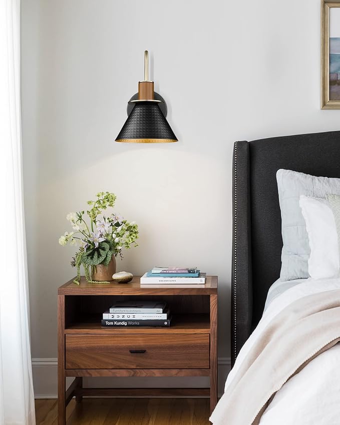 Black Wall Sconce, HWH Industrial Indoor Sconce Light Fixture, Single Wall Vanity Light Black Barn Wall Lamp with Hammered Metal Shade, Black and Gold Finish, 5HZG74B BK+BG