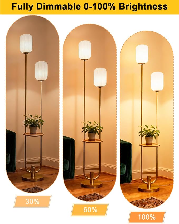 Lightdot 63IN Gold Dimmable Floor Lamp with Table, Mid Century Modern Tall Standing Lamps with 3000K Bulbs Included, Unique Vintage Floor Lamp for Living Room/Bedroom/Sofa Beside/Corner Decor