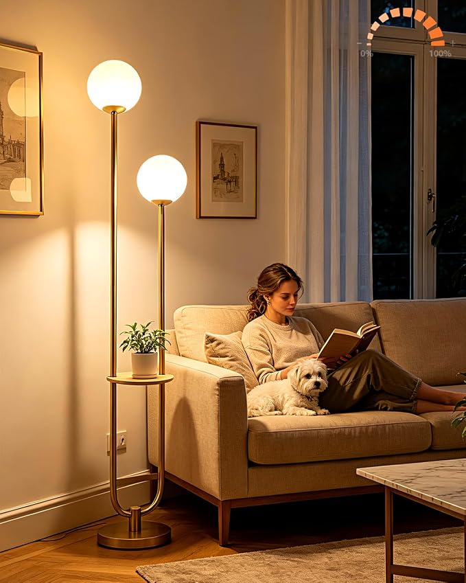 Lightdot 2 Globe Gold Floor Lamp with Table Mid Century Standing Lamps with 3000K LED Bulbs Unique U-Pole Vintage Tall Floor Lamp with 5Lbs Heavy Base for Living Room/Bedroom/Wedding/Party/Home Decor
