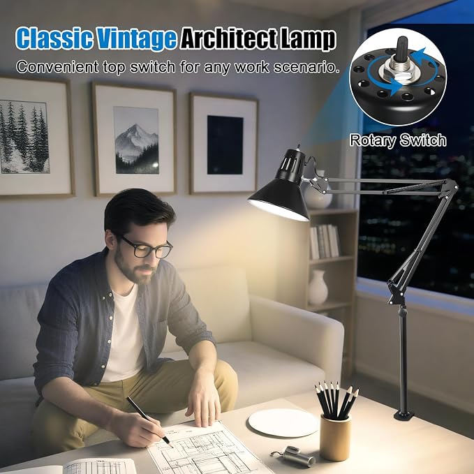 LED Clamp on Desk Lamp, 360°Adjustable Swing Arm Desk Lamp | Clamp Light with Eye-Caring LED Bulb for Home Office Reading Drafting