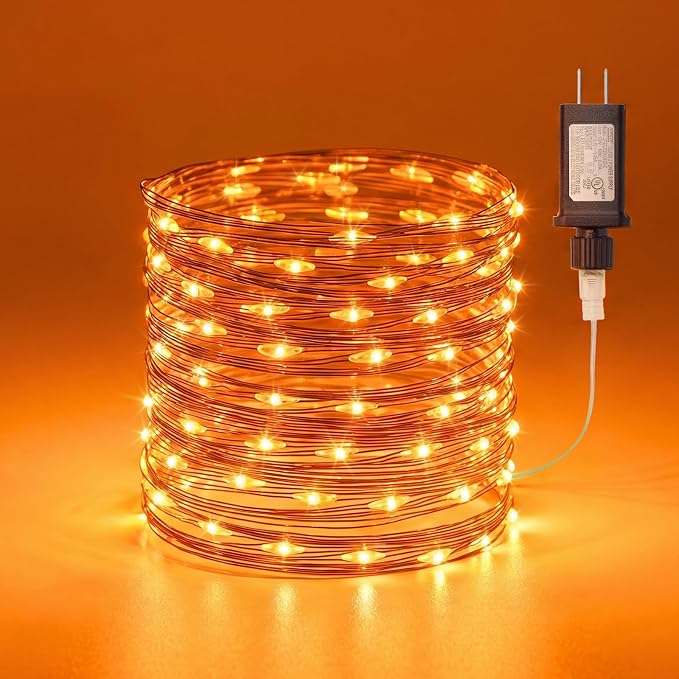 Orange Fairy Lights Plug in, Thanksgiving Fall Decorations, 33FT 100LEDs Halloween String Lights, Waterproof Black Wire Lights for Home Party Ghost Haunted House Indoor Outdoor Halloween Decorations